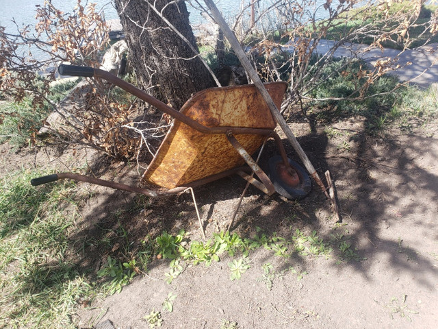 Yard Art - vintage wheel barrow x rake in Outdoor Tools & Storage in Calgary - Image 3
