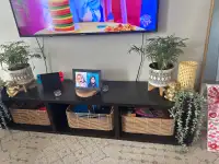 Tv stand with baskets and plants and lights 