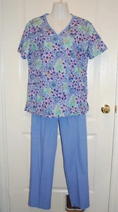 Violet Top and Pant Set, “White Cross” with floral pattern on top only –size Small, like-new conditi...