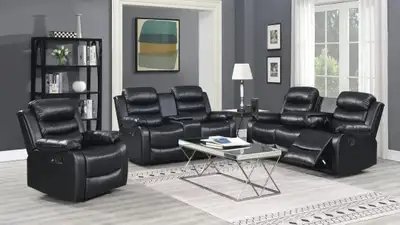 Black Leather Reclining Sofa Set, View more