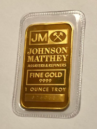 1 oz Johnson Matthey 9999 Fine Gold Minted Bar / Logo Back