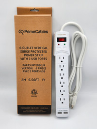 Prime cables power strip 6-outlet vertical+2 ports usb 2m/6.56pi