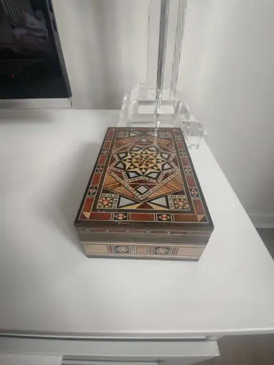 Antique jewelry box with geometric star pattern and mosaic work. Handcrafted Middle eastern style bo...