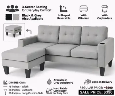 Sale 3-Seater L-Shape Couch with Cupholders – $350, View more