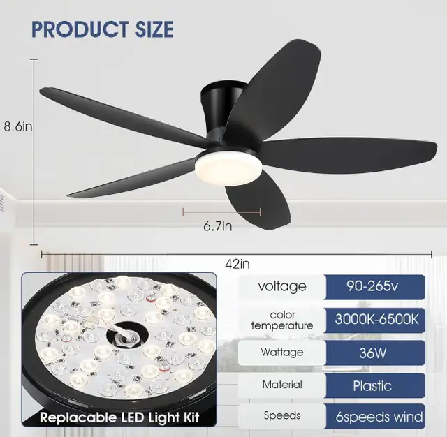 42” Ceiling Fan with Light Remote Control APP LED Flush Mount  in Indoor Lighting & Fans in Hamilton - Image 3