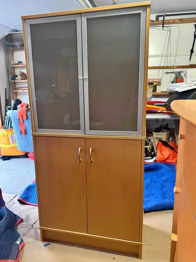 Office Set: L-Shaped Corner Desk + Hutch + Glass Door Cabinet, View more