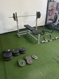 Home gym- Body Solid Bench Press, 180 lbs of plates and barbell