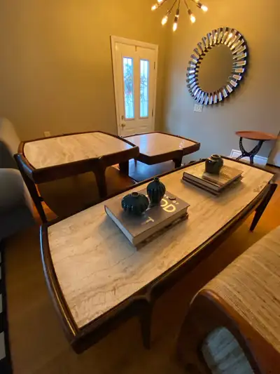 MCM 1950’s Walnut Travertine Tables Set , View more