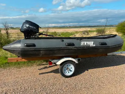 Stryker 380 pro, inflatable floor, Bimini top, 15 hp Tohatsu long shaft, just broke in, River Runner...