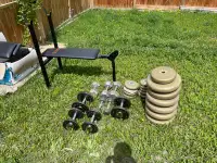 Weights, dumbells, and bench