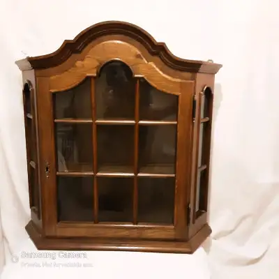 Vintage Solid Wood & Glass Locking Wall Curio Cabinet w/Key, View more