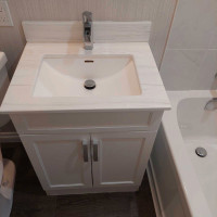 Bathroom vanity, counter, faucet 