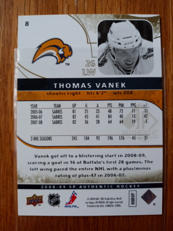 2008-09 SP Authentic Limited /100 Thomas Vanek #8 sabres in Arts & Collectibles in St. Catharines - Image 3