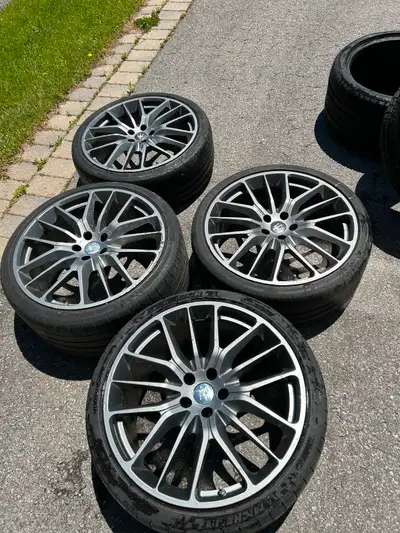 Roughly 7/32nds, good condition wheel and tire set, sold as-is.