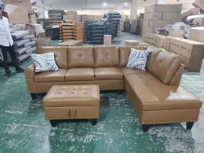 Camel Faux Leather Sectional with Storage Ottoman , View more