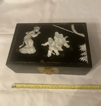 I'm offering a used antique Chinese lacquered jewelry box, beautifully inlaid with mother-of-pearl....