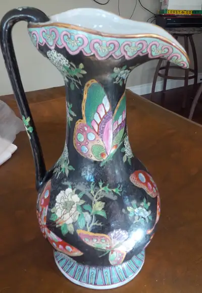 Large Pitcher/Ewer Flowers/Butterflies, Hand-Painted, Asian, View more