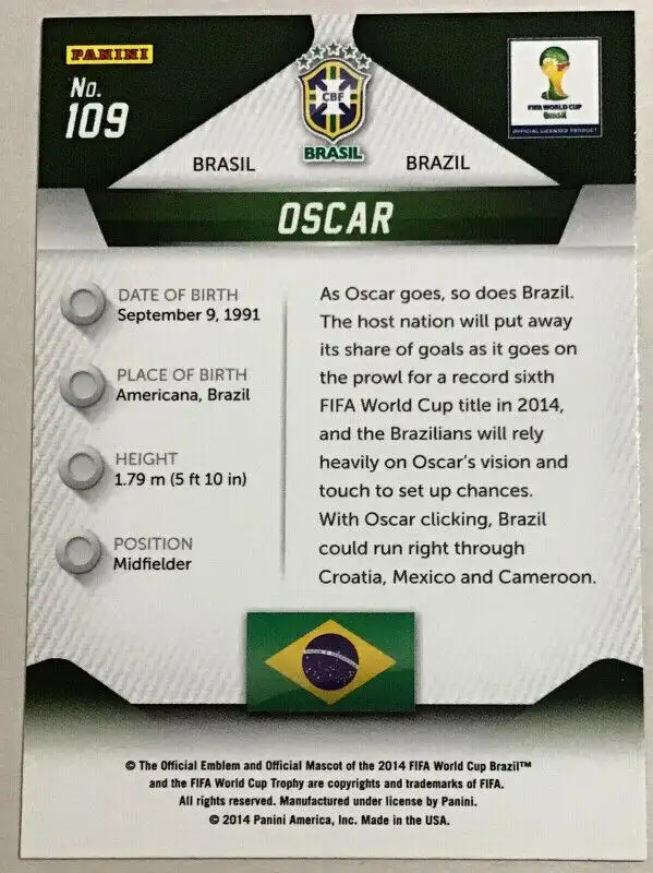 Oscar 2014 Panini Prizm FIFA World Cup Soccer Brazil Card #109 in Arts & Collectibles in Longueuil / South Shore - Image 3