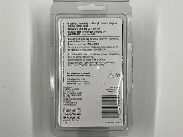 Klein Tools VDV826-705 Pass-Thru Modular Data Plugs RJ45-CAT6A410344497863741442