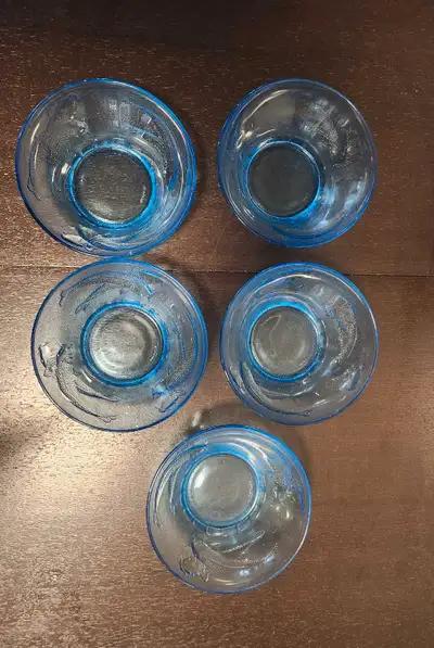 5 glass blue bowls, View more