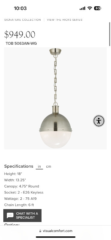 Visual comfort Hicks pendant in polished nickel in Indoor Lighting & Fans in London - Image 2