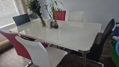 White dining room table with set of 6 chairs- in good condition, View more