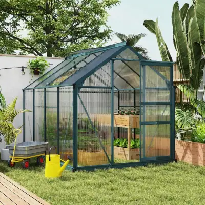 6.2' x 8.3' x 6.6' Clear Polycarbonate Greenhouse, Large Walk-In Green House w/ Slide Door Features:...