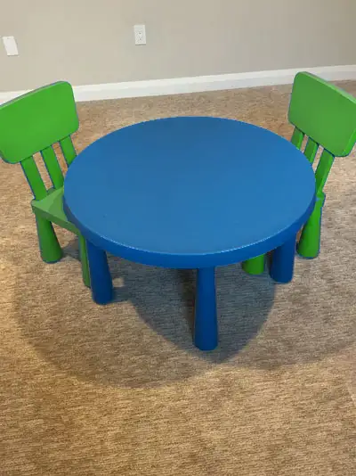 Ikea Mammut Blue Round Table and 2 Green Chairs - $65, View more