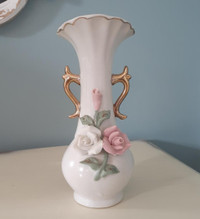 Vintage white ceramic bud vase with applied pink ceramic roses
