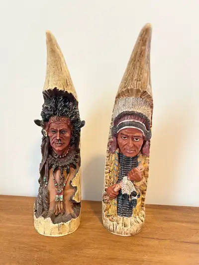 Set Of 2 - Hand Painted NATIVE AMERICAN INDIAN 6” HORN Poly Stone Sculpture. In good used condition....