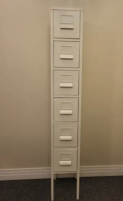 White Metal Shelf Unit with 6 Drawers Great for Office. Shelf Unit Dimensions: Height 58", Width 9.5...