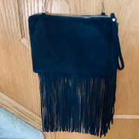 Black Faux Suede Crossbody Purse with Fringes