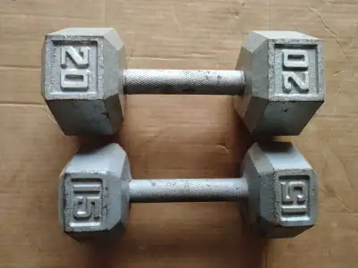 One 20 lbs and One 15 lbs Hex Dumbbells , View more