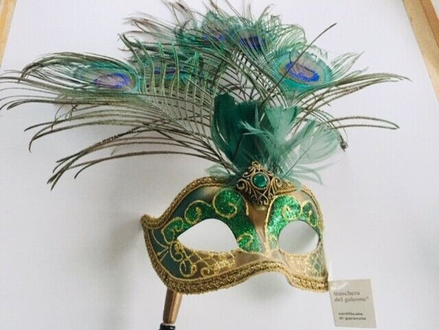 Gorgeous Green Venetian feather Masquerade Mask- Bamboo Handle in Costumes in Norfolk County - Image 2