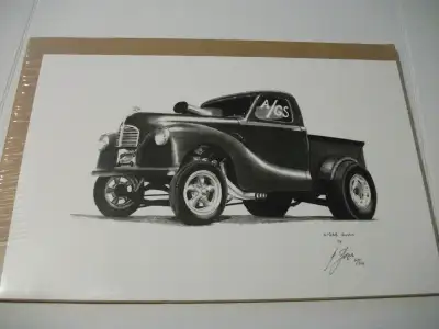 Artist rendering of a 1949 Austin Pick Up Drag race car - A/GS on paper. Ready for framing. Pictures...