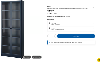 Blue billy bookcase with glass doors, View more