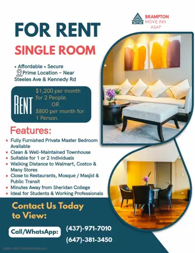 Room for Rent – Brampton 1 furnished Master Bedroom available for rent in a clean and well-maintaine...