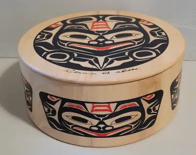 Vintage Canadian First Nations Design Haida Round Wooden Box, View more