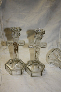 Set of 2 Jesus on the Cross Glass Candle Holders