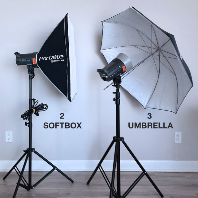 Elinchrom D-Lite RX 2 - 2 Softbox & 3 Umbrella To Go Set in Cameras & Camcorders in City of Toronto