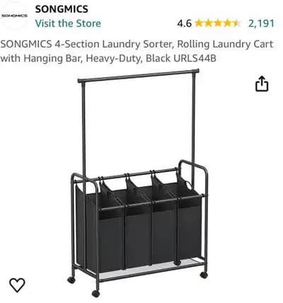 4-Section Laundry Sorter, Rolling Laundry Cart with Hanging Bar, View more
