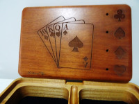 PLAYING CARDS BOX carved wood DOUBLE DECK SIZE signed Vintage