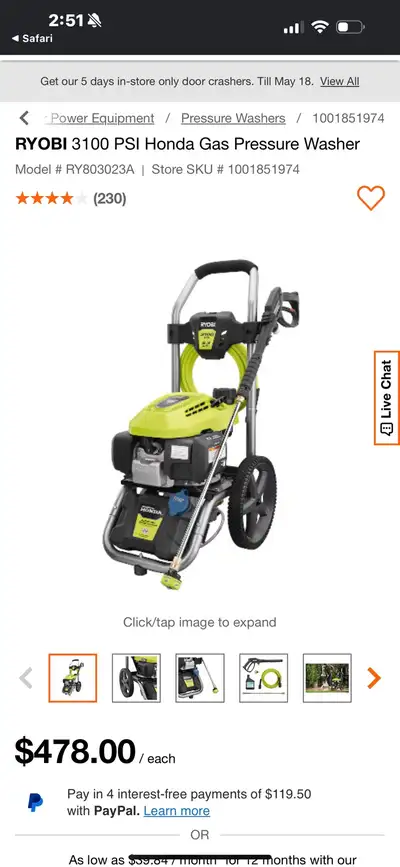 Offering a used Ryobi 3100 PSI pressure washer, in good condition and ready for your outdoor cleanin...