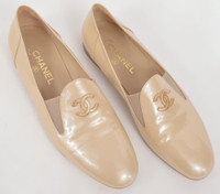 Chanel Beige Patent Loafers Goldtone 