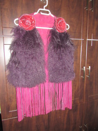 Rare Unique burgundy Leather & Mongolian sheep wool fringe vest