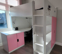 IKEA STUVA loft bed, white pink/with: desk, door and shelves, 