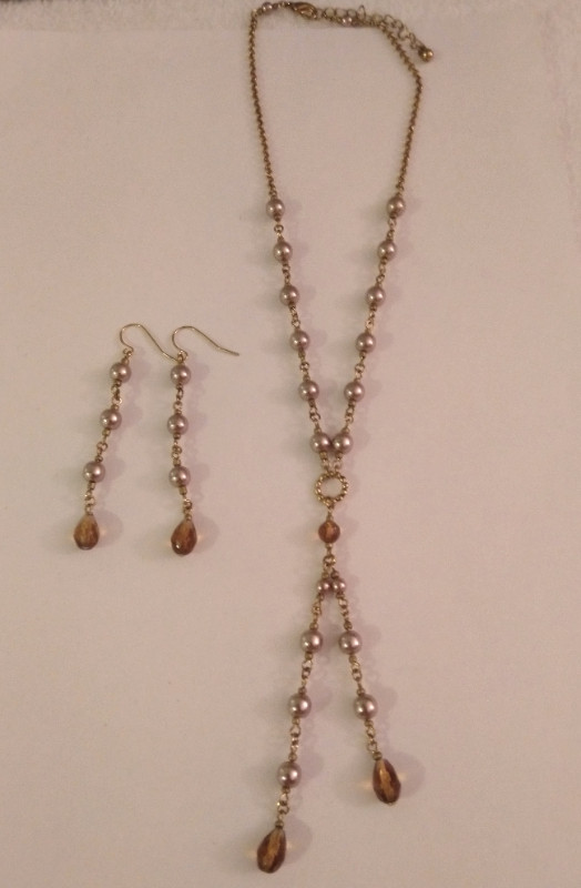 NEW Pearl Y- Neck/Ear Set Gold/SmokedTopaz in Jewellery & Watches in Oakville / Halton Region