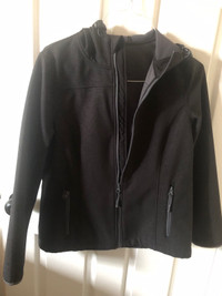 Ladies lightweight black jacket with hood, size Medium.  
