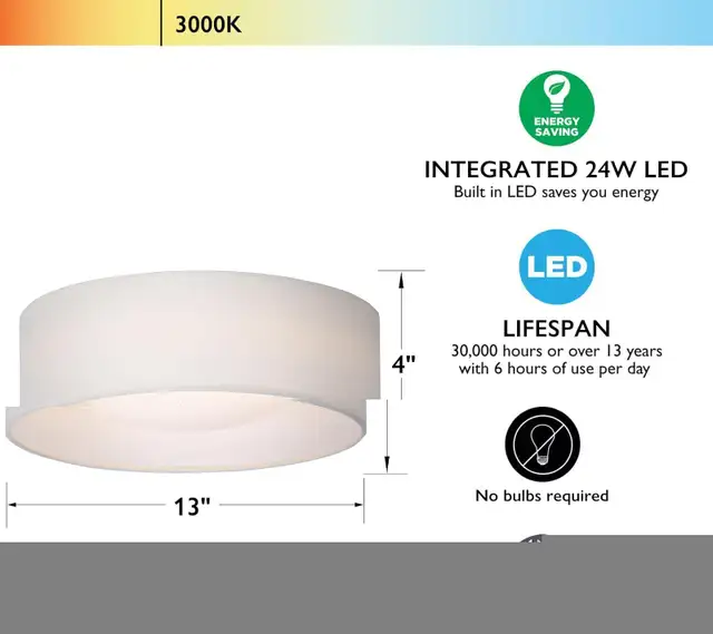 NEW 13" White Fabric Flush Mount Ceiling Light, 24W 3000K LED in Indoor Lighting & Fans in Markham / York Region - Image 3