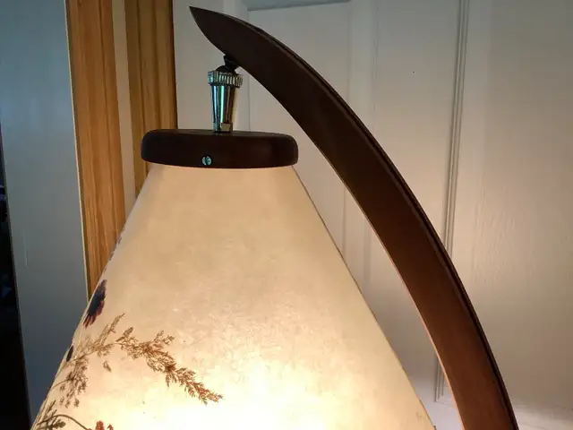 MCM Danish Style Teak Arc Floor Lamp w Dornbusch Bonnet Shade in Indoor Lighting & Fans in Belleville - Image 9